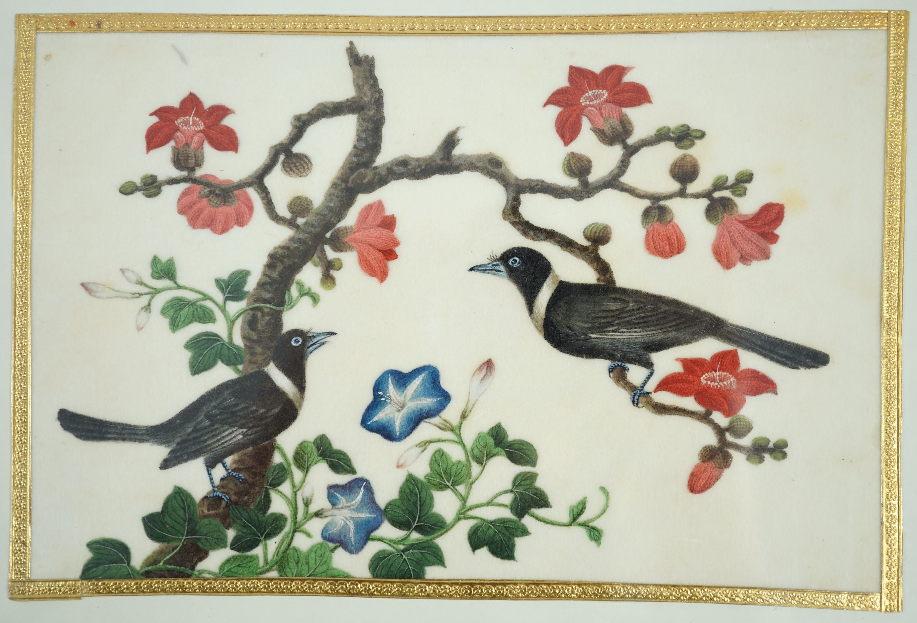 A set of 16 Chinese pith paintings of birds and flowers, mid 19th century, Largest Image 12cm x 18cm